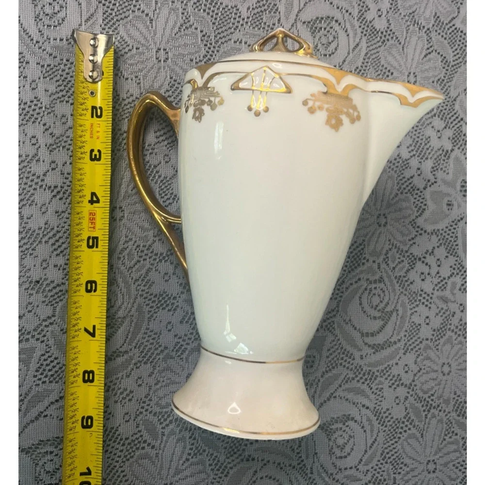 Antique C.S. Prussia Porcelain Chocolate Demitasse Set 11 Pc White Gold Art